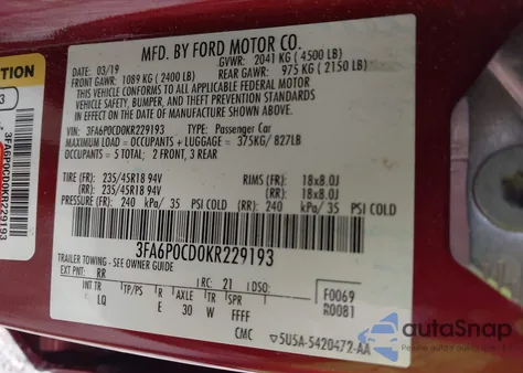 2019 Ford Fusion Sel from USA, damaged, VIN 3FA6P0CD0KR229193